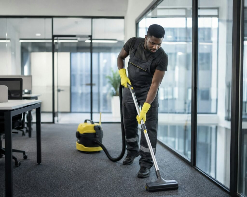 Agent d'entretien passant l'aspirateur dans des bureaux